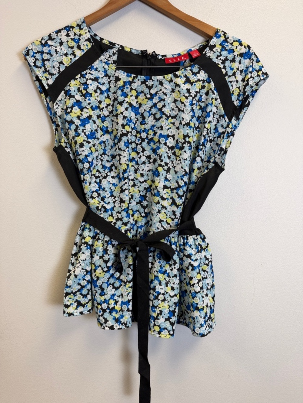 ELLE Floral Peplum Top with Black Trim and Blue-Yellow Flowers